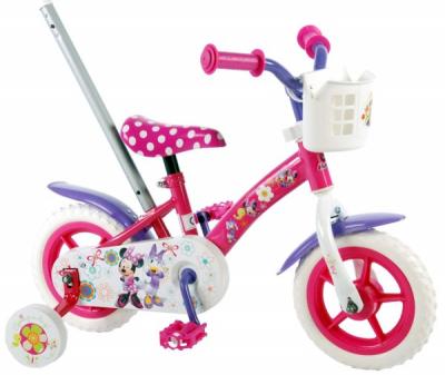Bicicleta pentru fete, 10 inch, cu maner, roti ajutatoare si cosulet, Minnie Mouse
