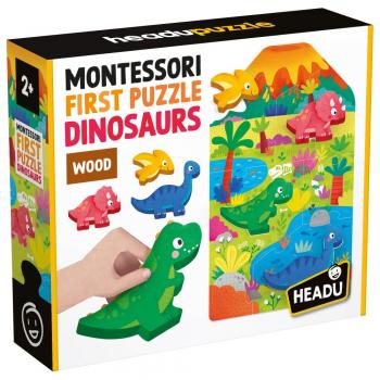 Headu - montessori primul meu puzzle cu dinozauri ce include 4 forme din lemn