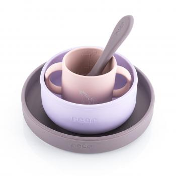 Set 4 piese vesela din silicon pentru mancarea copiilor (farfurie, castron, canuta, lingurita), fara bpa, lavabile in masina de spalat vase, de la 6 luni, mov, reer 25124
