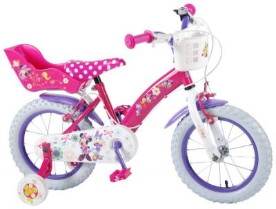 Bicicleta Volare pentru fete 14 inch cu scaun pentru papusi roti ajutatoare cosulet si doua frane de mana Minnie Mouse