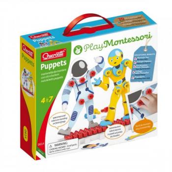 Joc educativ pentru copii Quercetti Play Montessori 0614 Puppets Astronauti cu suruburi si piulite si suport expunere