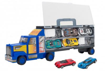 Camion albastru care transporta 6 masinute metalice Globo Spidko multicolor