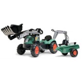 Tractor falk vintage pentru copii cu cupa, excavator  si remorca, verde, fk 2054n