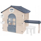 Casuta de joaca de exterior pentru copii cu masuta si scaunel, 120 x 175 x 120,5 cm, mochtoys, grii, mo13010