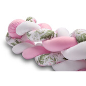 Aparatoare laterala pat bumper impletit, cu inchidere velcro, bumbac alb - roz - flori, 340 cm