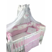 Lenjerie little princess cu aparatori în 2 culori pat 120x60 cm,  fundițe și buzunar accesorii deseda roz pal