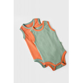 Set 2 body-uri fara maneci ribana bebe unisex din bumbac organic si 5%elastan - portocaliu/verde (marime: 12-18 luni)