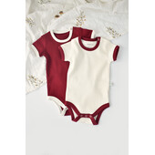 Set 2 body-uri ribana bebe unisex din bumbac organic si 5%elastan - ecru/bordo, baby cosy (marime: 3-6 luni)