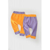 Set 2 pantaloni ribana bebe unisex din bumbac organic si 5%elastan - galben/mov (marime: 18-24 luni)