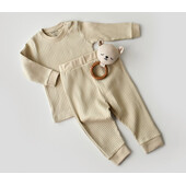 Set bluzita cu maneca lunga si panataloni lungi din bumbac organic si 5% elastan - crem, baby cosy (marime: 6-9 luni)