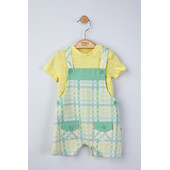 Set salopeta cu tricou in carouri pentru bebelusi, tongs baby (culoare: galben, marime: 3-6 luni)