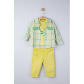 Set 3 piese: blugi, tricou si camasa in carouri pentru bebelusi, tongs baby (culoare: galben, marime: 12-18 luni)