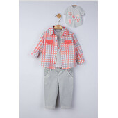 Set 3 piese: blugi, tricou si camasa in carouri pentru bebelusi, tongs baby (culoare: gri, marime: 9-12 luni)