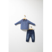 Set 2 piese cu bluzita si pantaloni de blugi forest pentru baietei, tongs baby (culoare: albastru, marime: 12-18 luni)