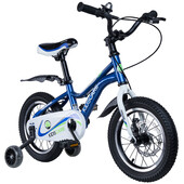 Bicicleta pentru copii 3-6 ani HappyCycles KidsCare, roti 14 inch, cu roti ajutatoare si frane pe disc, albastru