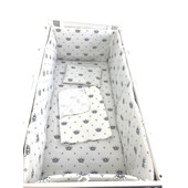 Lenjerie de pat bebelusi 140x70 cm cu aparatori laterale pufoase, cearșaf, păturică dubla și pernuta slim deseda  coronite gri pe alb