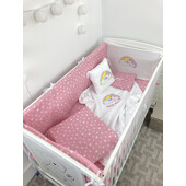 Lenjerie de patut bebelusi personalizata imprimata pat 120x60 cm steluțe pe roz unicorn cu curcubeu