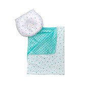 Set 2 piese paturica dubla de iarna 90x70 cm cu perna formare cap deseda minky verde menta - steluțe verde menta pe alb