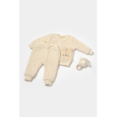 Set bluza dublata si pantaloni ursulet, winter muselin, 100% bumbac - stone, babycosy (marime: 6-9 luni)
