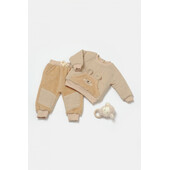Set bluza cu buzunar si pantaloni ursulet, winter muselin, 100% bumbac dublat - apricot, babycosy (marime: 3-6 luni)